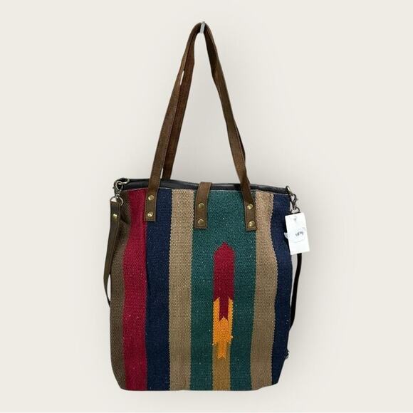 Raj | Handwoven Striped Tote Bag with Leather Straps | Multi Color - Picture 2 of 11